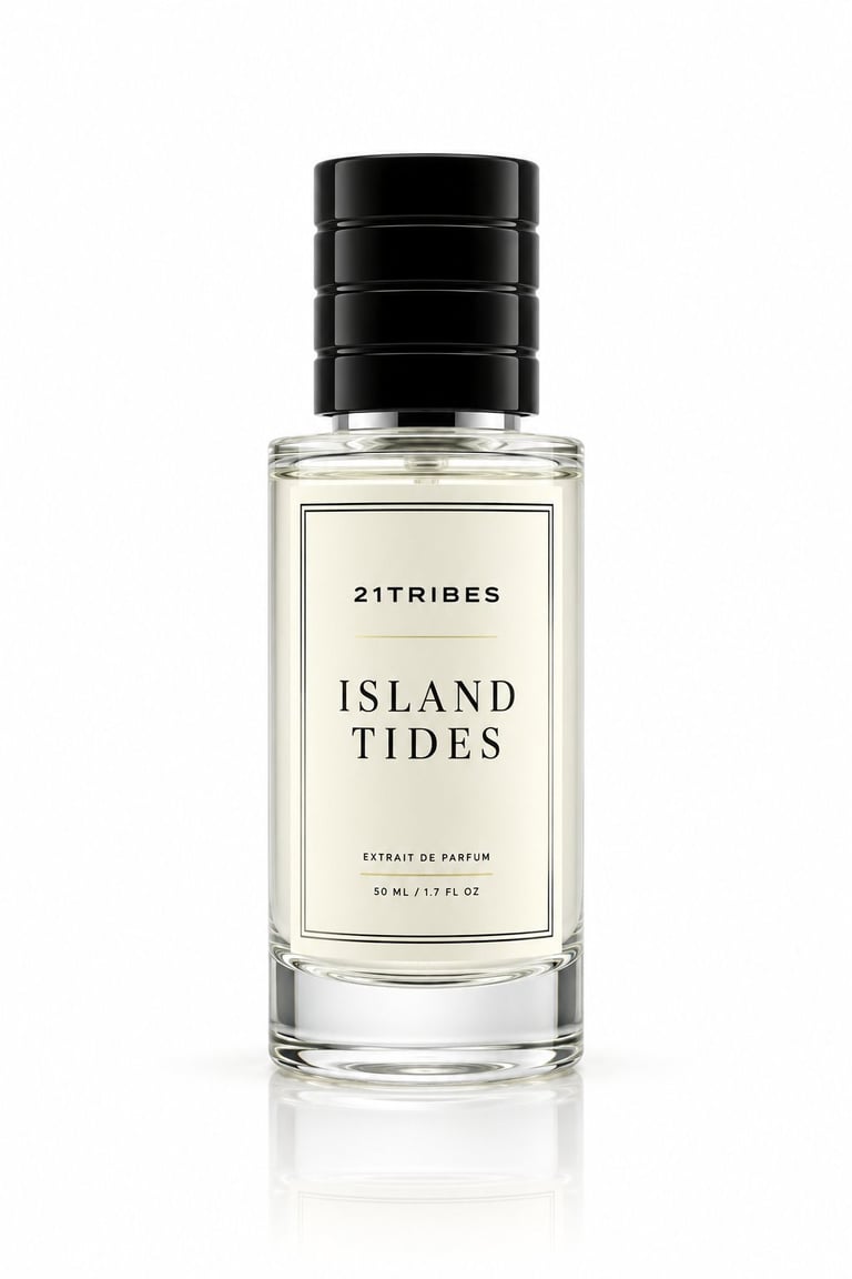 Island Tides fragrance bottle by 21Tribes with clear liquid, black cap, and white label on white background