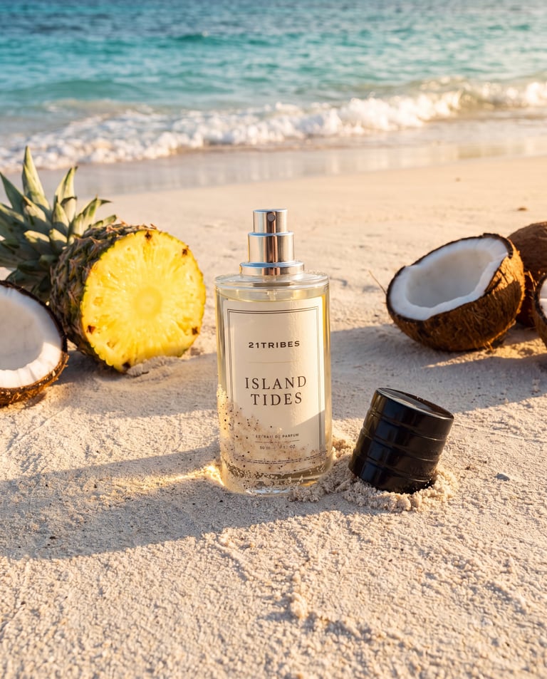 A bottle of Island Tides perfume by 2TRIBES displayed on a sandy beach with pineapple and coconut halves, ocean waves in background
