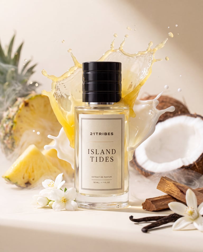 Island Tides perfume bottle with splashing liquid, surrounded by pineapple, coconut, vanilla flowers, and sandalwood on neutral background
